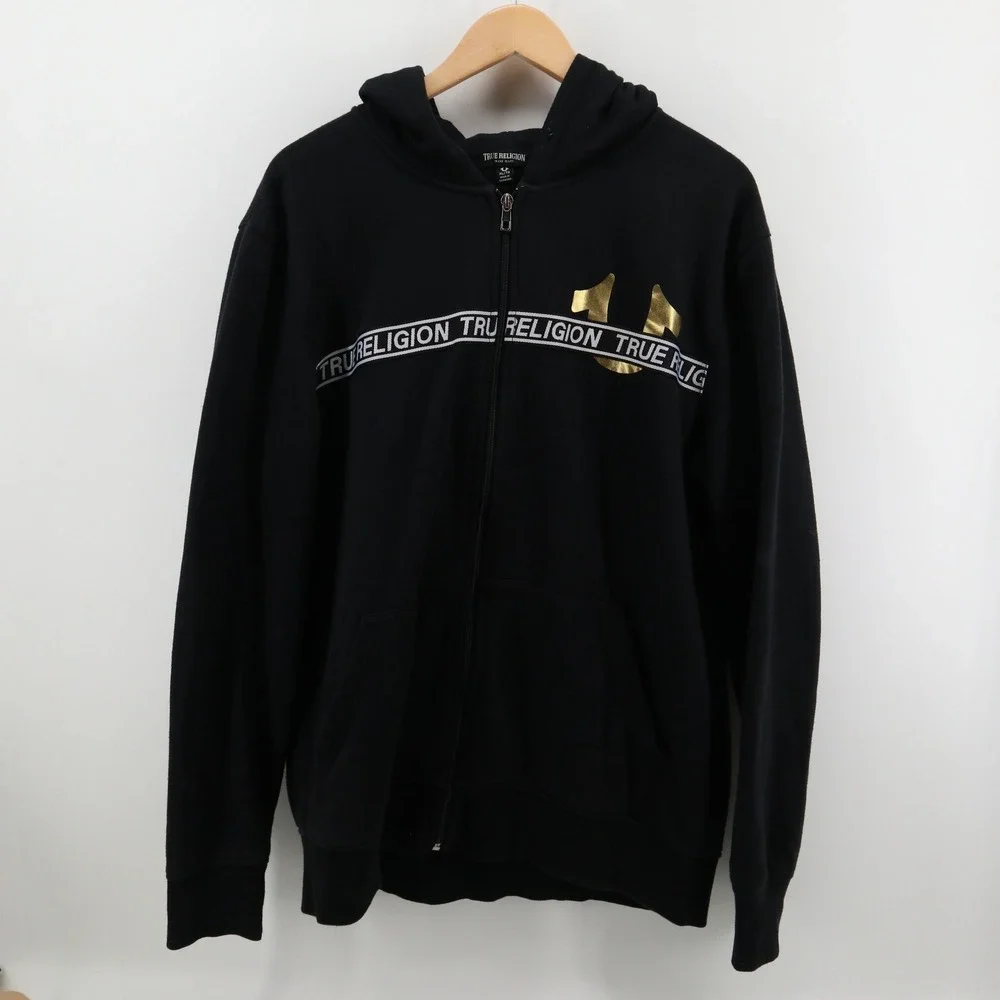 True Religion Hoodie Mens XL Black Gold Foil Logo Zip Up Y2K Streetwear Good